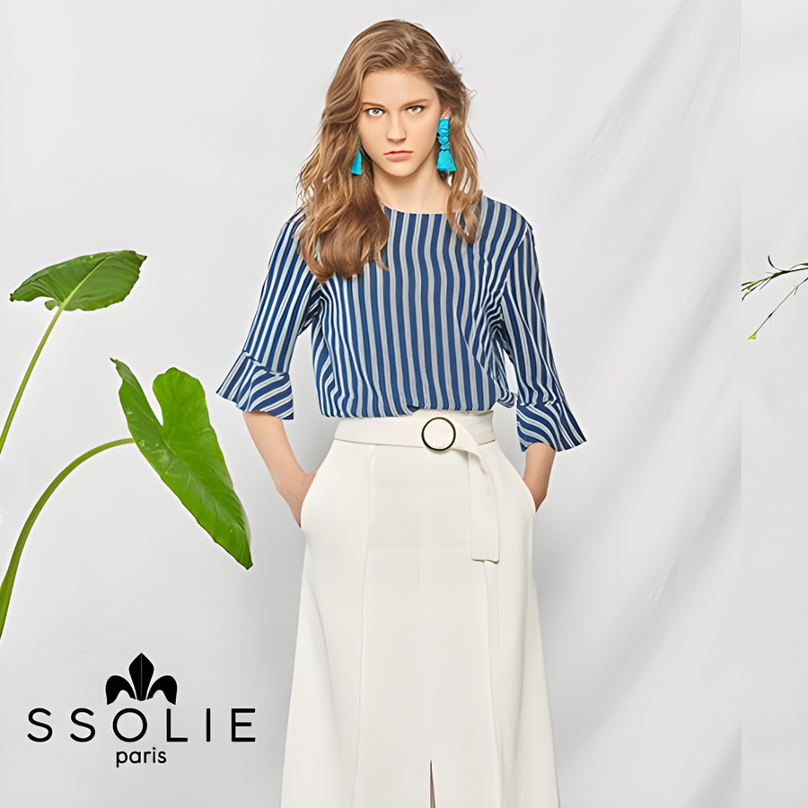 [Ssolie Paris] Women's Navy Stripes Comfort Top