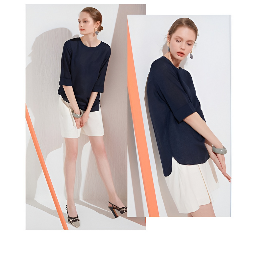 [Kensie] Women's Linen Blouse - Navy