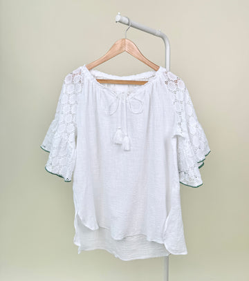 Blouse-Studio Luxe-Green sleeves-White